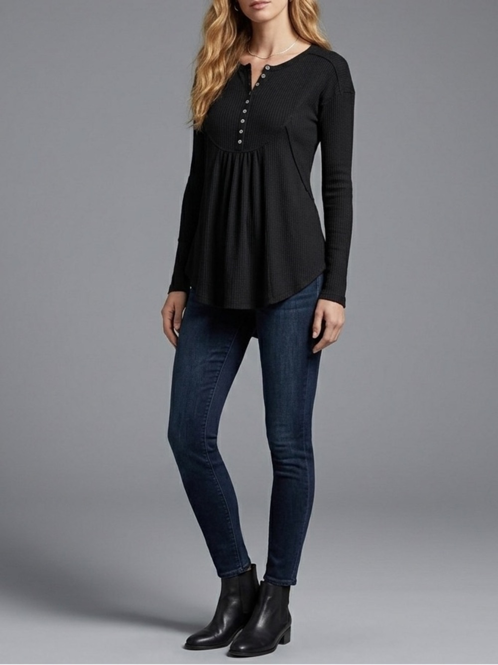NEW Henley Waffle Top SMALL BLACK long sleeve